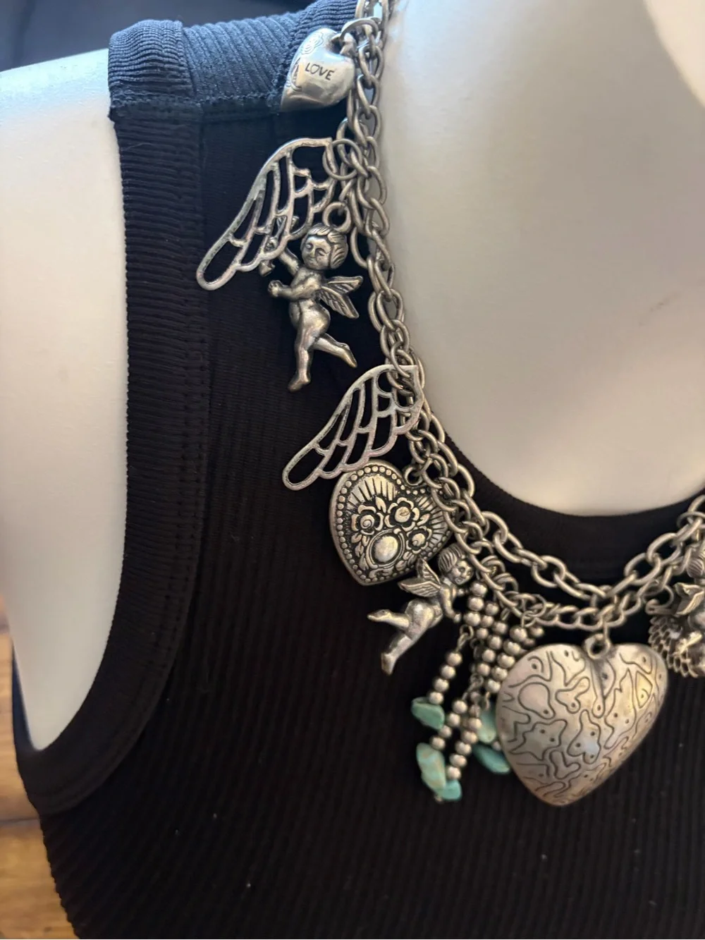 Vintage Inspired Silver Angel Heart Charm Necklace